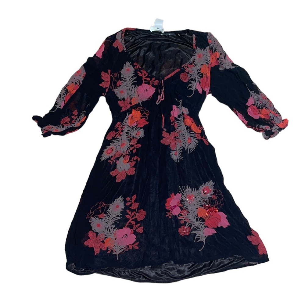 DEPT Beaded V-Neck Flowy Long Sleeve Summer Mini Floral A-Line Dress